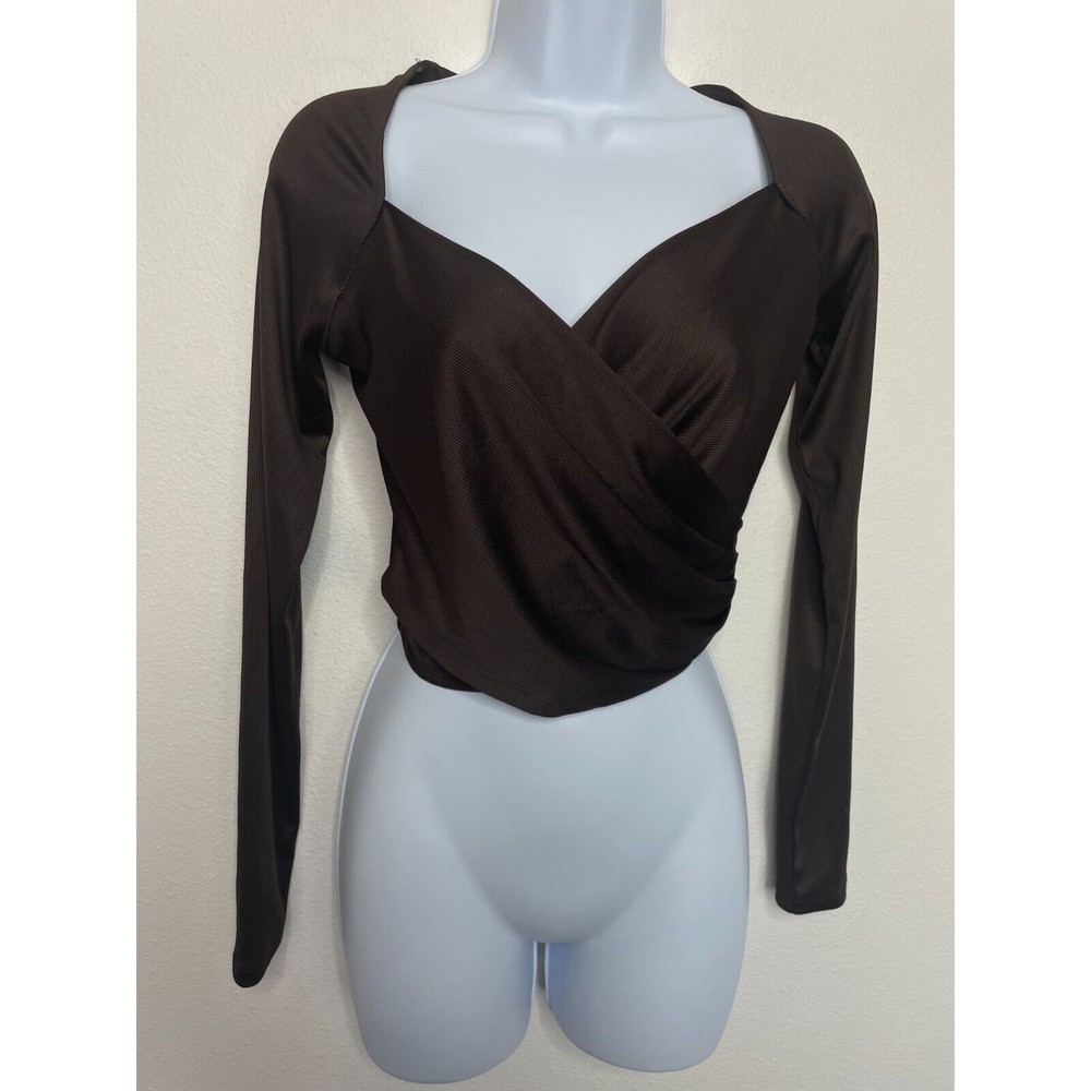 Open Edit Small Surplice Neck Ribbed Faux Wrap Crop Top Brown Long Sleeve